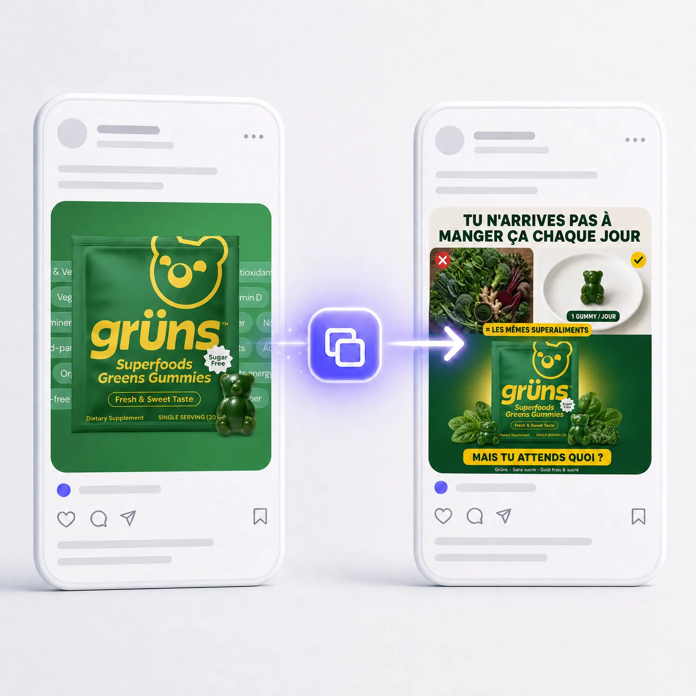 Fonction Clonage de Vizuely : à gauche, un post Instagram produit ordinaire ; à droite, le même produit transformé en publicité professionnelle structurée, avec accroche et comparatif.