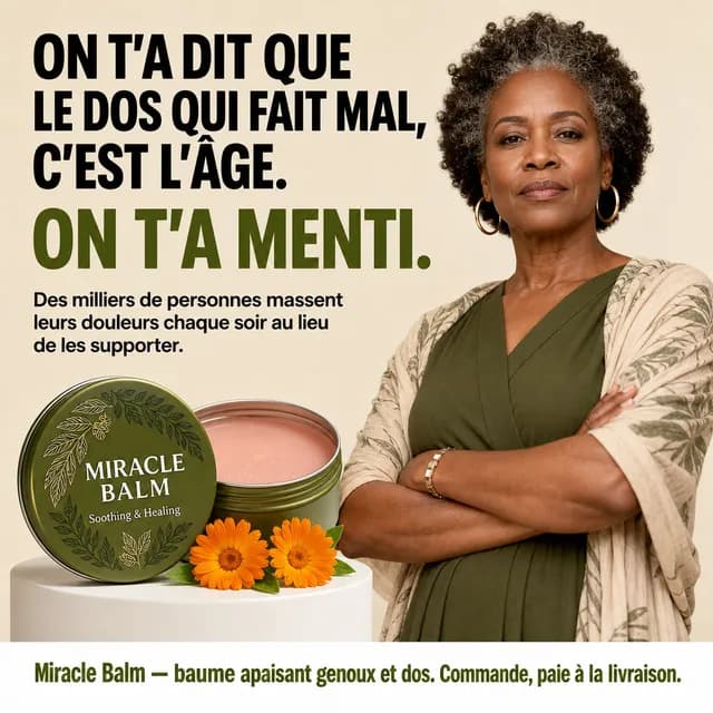 Publicité générée : femme âgée digne à côté du baume apaisant genoux et dos — « On t’a menti ».