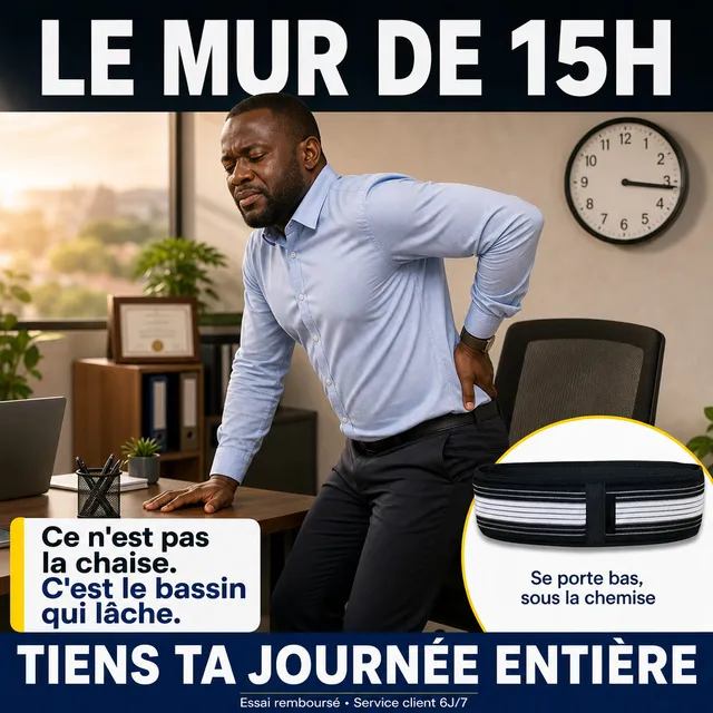 Publicité générée : homme au bureau souffrant du dos, ceinture lombaire mise en avant — « Le mur de 15h ».